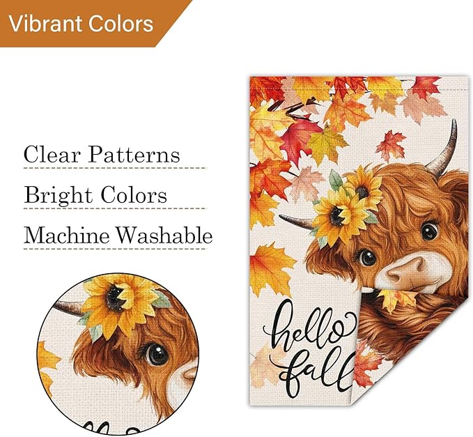 Louise Maelys Hello Fall Garden Flag Floral Highland Cow Welcome 28x40 Inch Double Sided Seasonal Autumn Maple Sunflower Large Burlap Thaksgiving Holiday Yard Sign Outside Outdoor House Decor