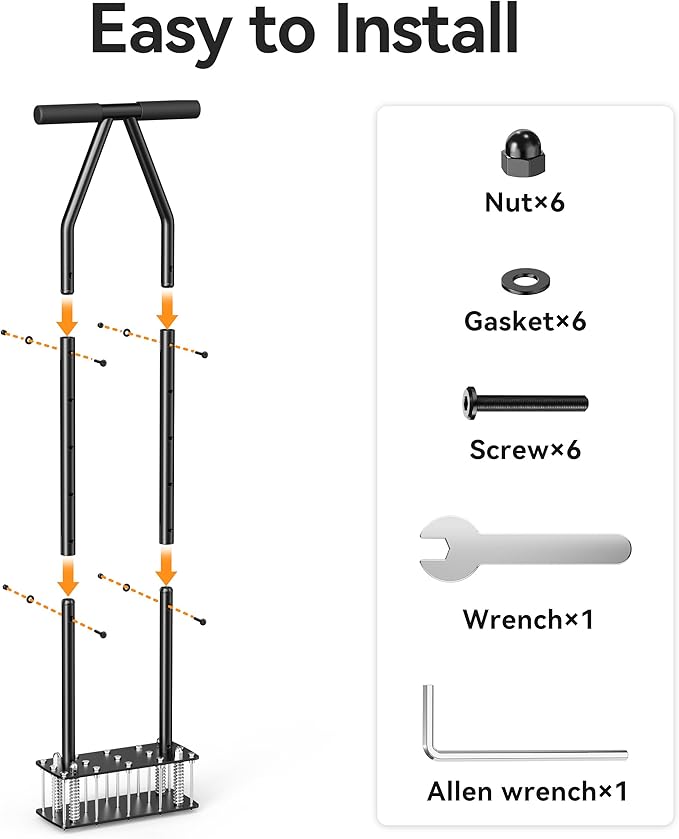 Manual Lawn Aerator Tool - 15 Heavy-Duty Steel Spikes, Ergonomic Padded Handle, Spring-Loaded Auto-Clean Design, Pre-Assembled for Soil Loosening & Lawn Health, Garden/Yard Aeration Tool