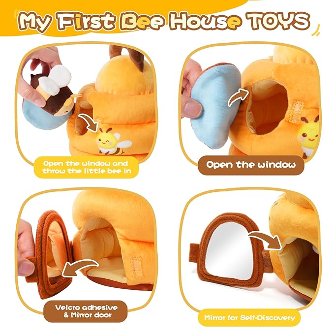 Koty Baby Toys 6-12 Months,Bee House Sensory Learning Toy, Beehive wtih wtih rattles, Squeaker, Mirror,5pcs Yellow Plush Bees, Educational Montessori Toy for Infants 6-12 Months