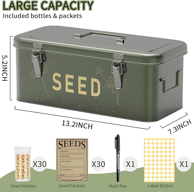Orionstar Metal Seed Storage Organizer Kit with 30 Bottles & Envelopes, 4 Compartment Locking Box for Gardening Heirloom Flower Vegetable Preservation, Vintage Dark Green Gardener Gift