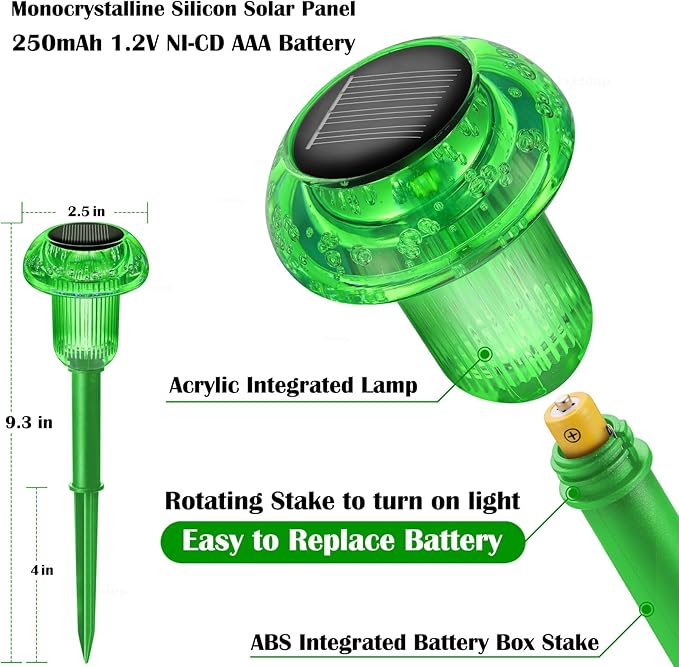 Solar Lights Outdoor Pathway Waterproof 8 Pack Green Stake LED Green Stake Acrylic Mushroom Decorative Garden Lights for Yard Landscape Patio Outside Decor
