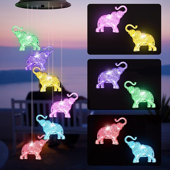 Birthday Gifts for Women Mom Grandma, Gardening Gifts for Women, Elephant Solar Wind Chimes for Outside, Wind Chimes Outdoor Waterproof, Solar Lights Outdoor Decorative for Garden Patio Yard