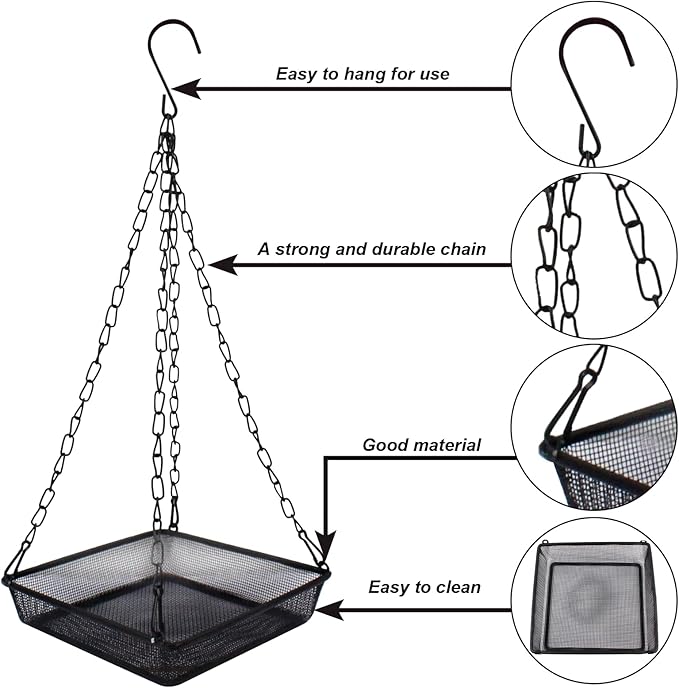 Hanging Bird Feeder Tray 6.7 Inch Square Metal Mesh Seed Holder, Durable Metal Mesh Feeders with Chains for Attracting Various Species of Wild Birds