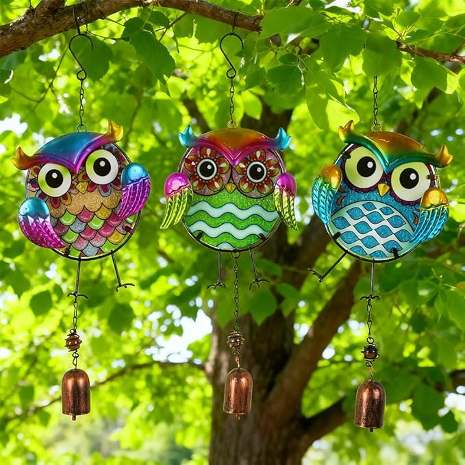 Owl Wind Chimes 3 Pack - Metal Wind Chimes for Outside, Waterproof Rustproof Garden Decor with Hooks, Handcrafted Birthday Gifts for Friends, Patio & Yard Decoration