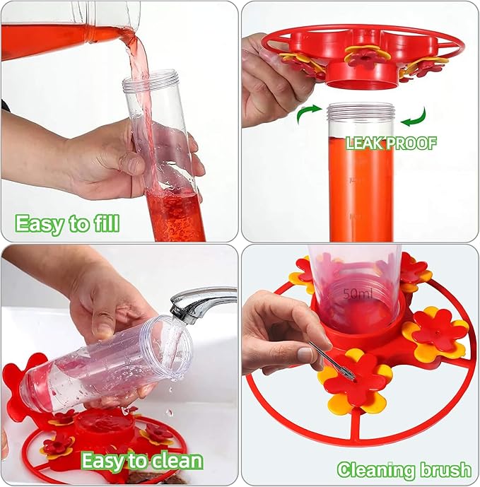 Hummingbird Feeders for Outdoors Hanging (2 Pack), 5 Feeding Ports 12 oz Plastic Hummingbird Feeder, Bee-Proof Leak-Proof No Drip, Easy to Clean with Cleaning Brush