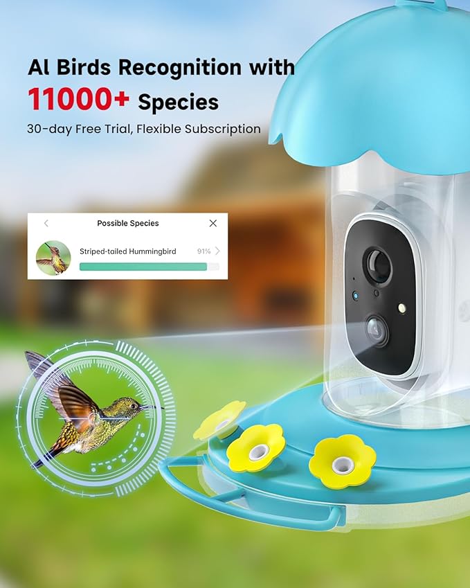 Hummingbird Feeder with Camera Solar Powered, Hummingbird Feeders for Outdoors with 2K Bird Watching Camera, AI Identify Bird Species, Instant Notification, Idea Gift for Bi rd Lover, Blue