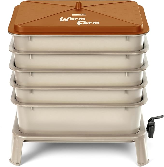 Blütezeit 5-Tray Worm Compost Bin, 53QT Outdoor & Indoor Worm Composter with Worm Farm Starter Kits for Home & Kitchen Recycling Food Waste (Gold)