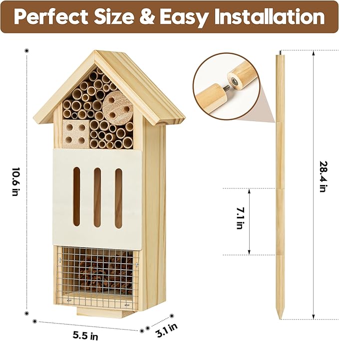 Bee House Bug Hotel & Butterfly House with Stake, Handcrafted Wooden Ladybug Hotel, Natural Insect Habitat for Garden, Patio, or Yard, Attracts Pollinators, 10.4 x 5.5 x 3.2 Inches,25 inches Stake