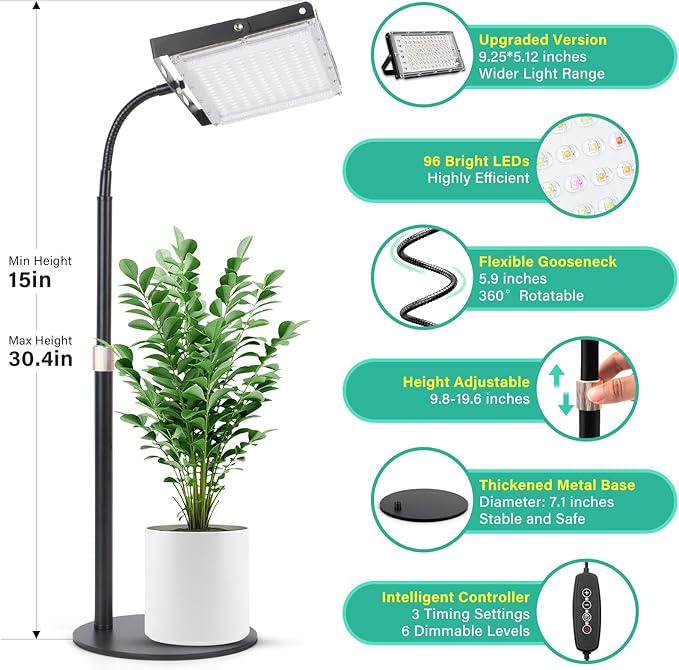 LBW Grow Light for Indoor Plants, 96 LED Full Spectrum Plant Light for Indoor Plants, Large Desk Grow Lamp with 4H/8H/12H Timer, 6-Level Brightness, Height Adjustable, Flexible Gooseneck