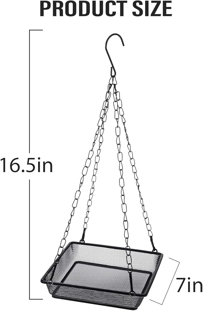 2 Pieces Metal Hanging Bird Feeder Tray, Mesh Bird Feeding Seed Tray Platform with Chains Outdoor Garden Decoration for Hanging Wild Backyard(Black)