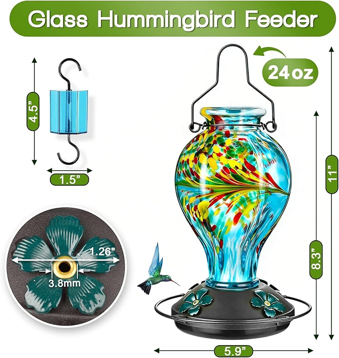 Hand Blown Glass Hummingbird Feeders for Outdoors Hanging, 24oz Wild Bird Nectar Feeder with Ant Moat and Perch, Bee-Resistant Ports, Garden Decor, Gifts for Women Mom, 1 Pack, Blue Phoenix