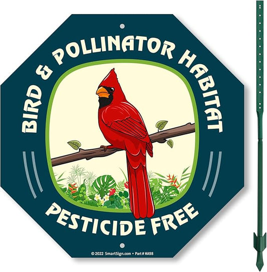 SmartSign 10 x 10 inch Bird & Pollinator Habitat, Pesticide Free Yard Sign & Stake Kit, 40 mil Laminated Rustproof Aluminum, 3 foot Stake, Set of 1, For Lawn, Garden, Made in USA