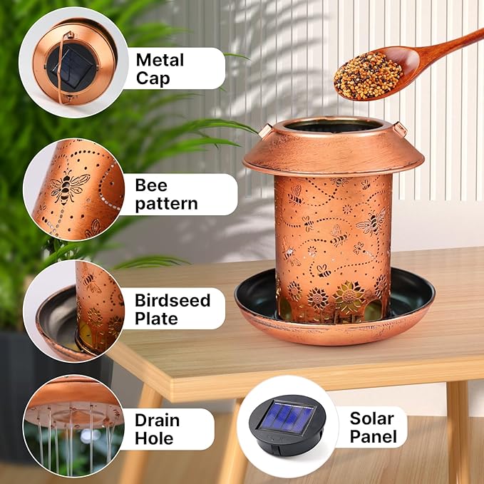 2 Pack Solar Bird Feeders for Outdoors Bee Solar Lanterns for Women Men Hanging Outdoor Lights Waterproof Metal Decoration for Patio, Yard, Lawn, Pathway, Garden Decor