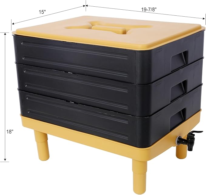 3-Layer Worm Bin with Worm Farm Kit, 65L Worm Composter Indoor & Outdoor with A Tap for Recycling Food Waste, Worm Castings, Easy Setup (Yellow+Black, 3-Layer)