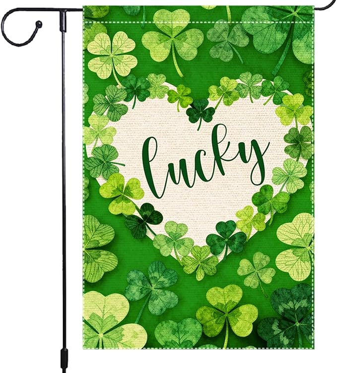 St Patrick's Day Garden Flag 12x18 Inch Double Sided Burlap Lucky Shamrock Heart Green Clover Pattern Holiday Yard Patio Irish Festival Outside Decorations