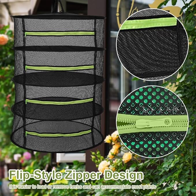 Herb Drying Rack, 4-Layer Collapsible Mesh Hanging Dryer Net with Zippers, Compartment for Herbs, Flowers, Vegetables, Spices, Fish, Food, Fiting in Grow Tents, Garden Outdoor Harvest, 24"