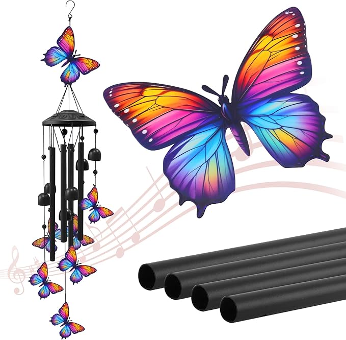 Butterfly Wind Chimes for Outside, Black Metal Windchimes Outdoors, Butterflies Gifts for Women/Men, Garden/Yard Decor, Memorial/Birthday Gifts for Grandma/Mom, Durable Chimes for Outdoors