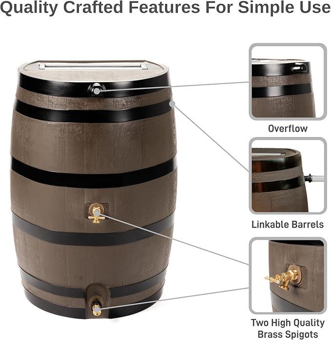 RTS Home Accents Polyethylene 50 Gallon Flat Back Dual Brass Spigot Rain Barrel, Woodgrain with Black Stripes Color
