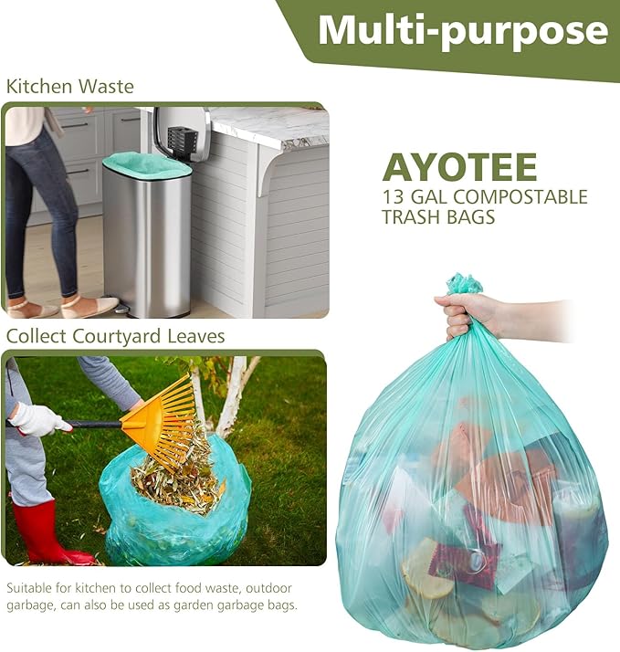 AYOTEE Compostable Trash Bags 13 Gallon Tall Kitchen, 45 Count Biodegradable Trash Bags 13 Gallon Garbage Bag, Large Compost Bag for Kitchen Bathroom Home Office