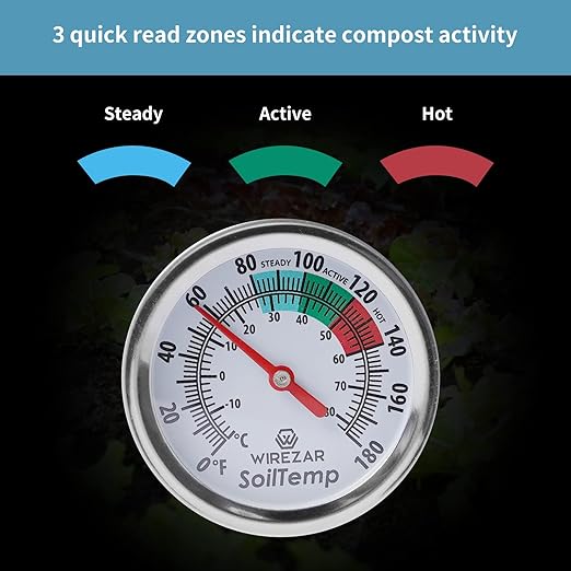 Compost Soil Thermometer Waterproof Soil Temperature Thermometer, 5 Inch Stainless Steel Stem, Ideal for Ground, Backyard Compost, Garden Soil(5'')