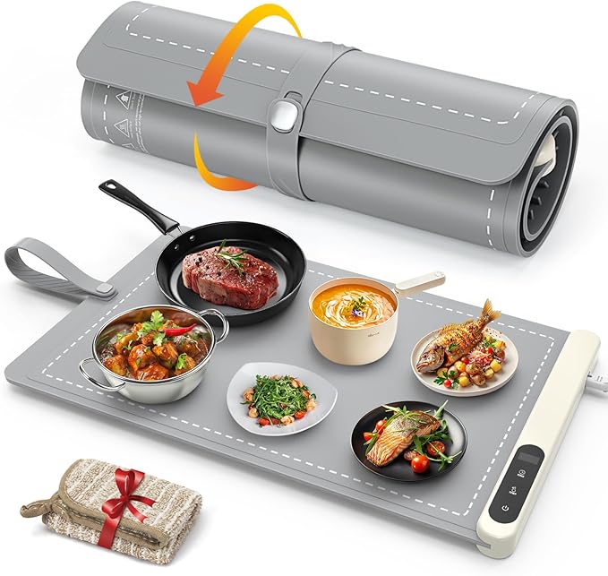 FYY Warming Mat for Food - Rapid and Full Surface Heating, 6 Temp Settings, 6H Timer, Rollable Portable Food Warming Mat, Ideal for Gatherings, Parties, Keep Meal Warm (X Large Size, Gray)