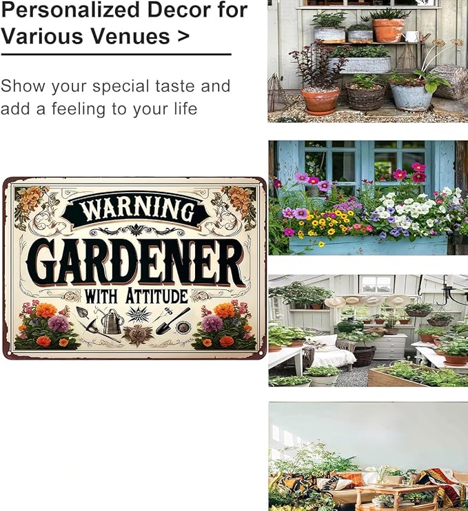 Funnysign Garden Gifts Warning Gardener with Attitude Vintage Tin Sign for Home Garden Patio Yard Decor 8 X 12 Inch (3984)