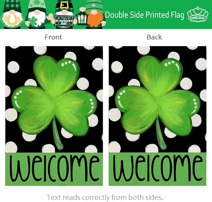 CROWNED BEAUTY St Patricks Day House Flag 28×40 Inch Double Sided Green Shamrock Clover Welcome Big Outside Vertical Holiday Yard Decor CF356-40