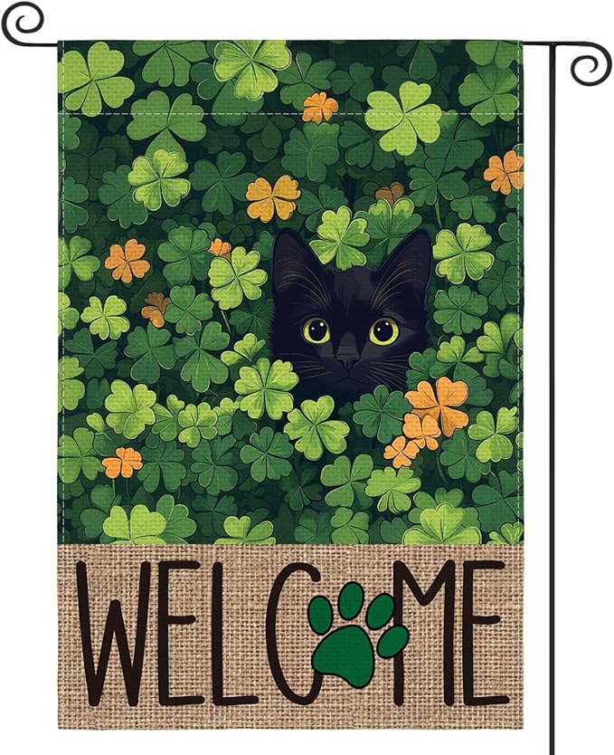 AVOIN colorlife St Patricks Day Garden Flag 12x18 Inch Double Sided Outside, Black Cat Welcome Shamrocks Holiday Yard Outdoor Flag