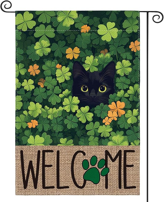 AVOIN colorlife St Patricks Day Garden Flag 12x18 Inch Double Sided Outside, Black Cat Welcome Shamrocks Holiday Yard Outdoor Flag
