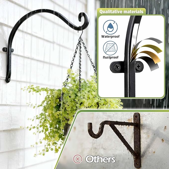 Hanging Plant Brackets Outdoor: 50lbs Weight Capacity - Hanging Bird Feeder Hangers, 12-Inch Black Metal Outdoor Wall Hooks for Heavy Plants - 4 Pack, Birdhouse, Wind Chimes