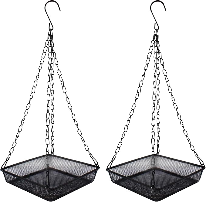 2 Pack Hanging Bird Feeder Tray 6.7 Inch Square Metal Mesh Seed Holder, Durable Metal Mesh Feeders with Chains for Attracting Various Species of Wild Birds