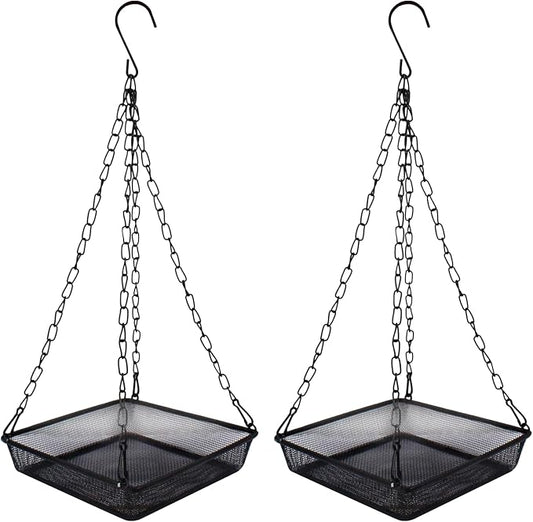 2 Pack Hanging Bird Feeder Tray 6.7 Inch Square Metal Mesh Seed Holder, Durable Metal Mesh Feeders with Chains for Attracting Various Species of Wild Birds