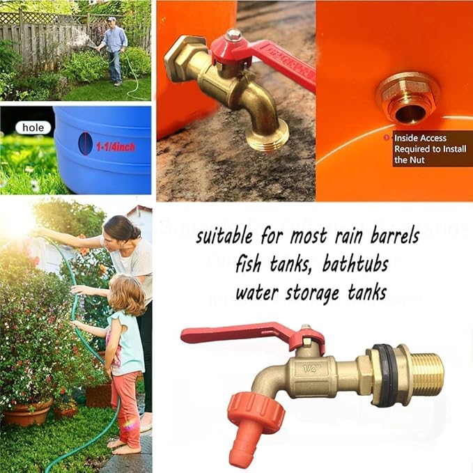 Rain Barrel Spigot, Brass Faucet Kit for Rain Water Barrel, Water Tanks, Tubs, Pools Etc, Turn Ball Valve Rain Barrel Spigot with Bulkhead Fitting Set