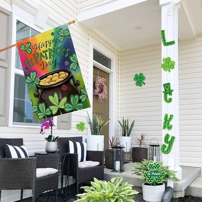 Happy St Patrick's Day House Flag 28x48 Inch Double Sided Burlap, Green Lucky Clovers Shamrock Gold Coin Sign for Farmhouse Yard Outdoor Decor DF430-28
