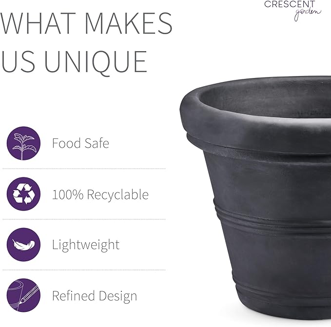 Crescent Garden Brunello Small Classic Rolled Rim Planter, Indoor/Outdoor Plastic Round Pot - Traditional Planter for Herbs, Plants, Houseplant -14''W (Black)
