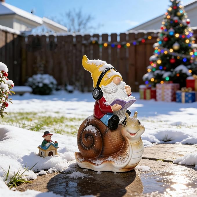 Ferrisland Garden Gnomes Snail Outdoor Figurines with Solar Lights, 10.4 inches Resin Solar Gnomes Decoration Yard Outdoor Garden, Patio Yard Lawn Birthday Housewarming Mother's Day（Gnome on Snail）