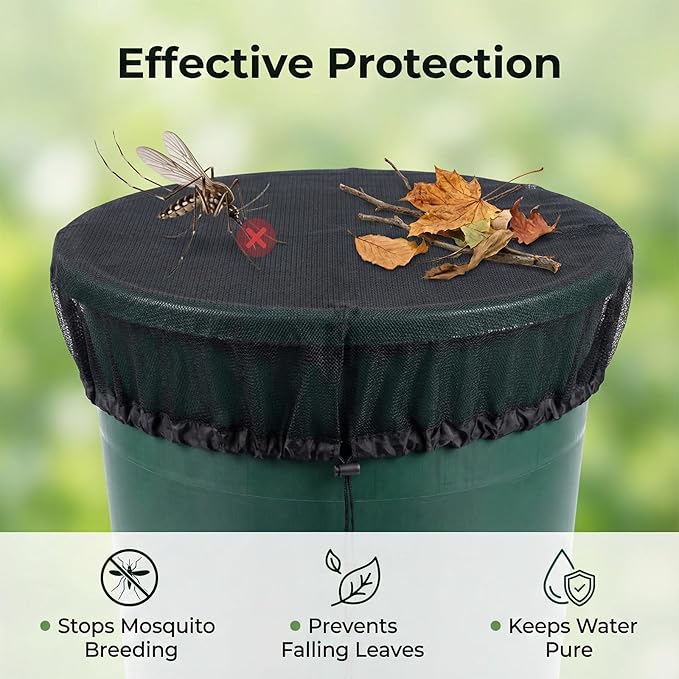 2 PCS 39in Mesh Cover for Rain Barrels, Fine Mesh Filter Screens with Adjustable Drawstring, Reusable Outdoor Garden Rain Barrel Accessories, Effective at Blocking Leaves, Debris (Black)