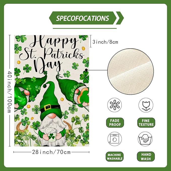 Gnomes Green Shamrocks Clovers St. Patrick's Day House Flag Large 28X40 Inch Big Vertical Double Sided Yard Outdoor Outside Holiday Decoration
