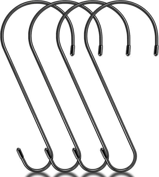 4 Pack 14 Inch Tree Branch Hooks, Extra Large S Hooks for Bird Feeder, Heavy Duty Long S Hook for Hanging Plants, Basket, Lanterns, Patio,Indoor Outdoor Uses(Black)