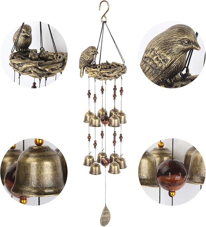 Bird Nest Wind Chime, Bird Bells Chimes with 12 Wind Bells for Glory Mother’s Love Gift, Garden Backyard Church Hanging Decor, Bronze