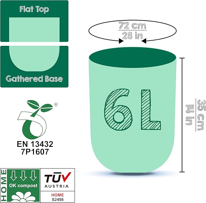 GREENER WALKER 100% Compostable Trash Bags, 1.6 Gallon-150Bags, Food Scrap Kitchen Waste Bags with EN13432 Certified