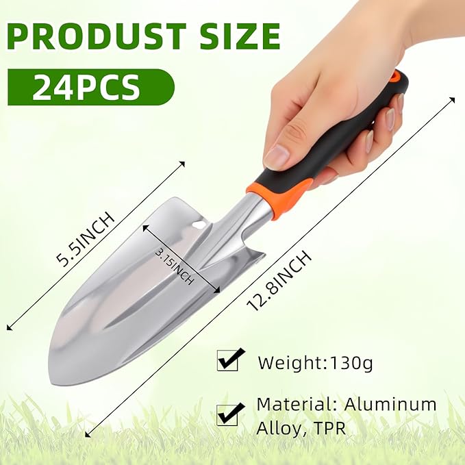 24 Pcs Garden Shovel Aluminum Alloy Heavy Duty Trowel Small Digging Shovels Metal Hand Trowel Spade with Soft Handle for Garden Lawn Yard Planting Tool (Wide Shovel,Yellow,Green,Orange,Red)