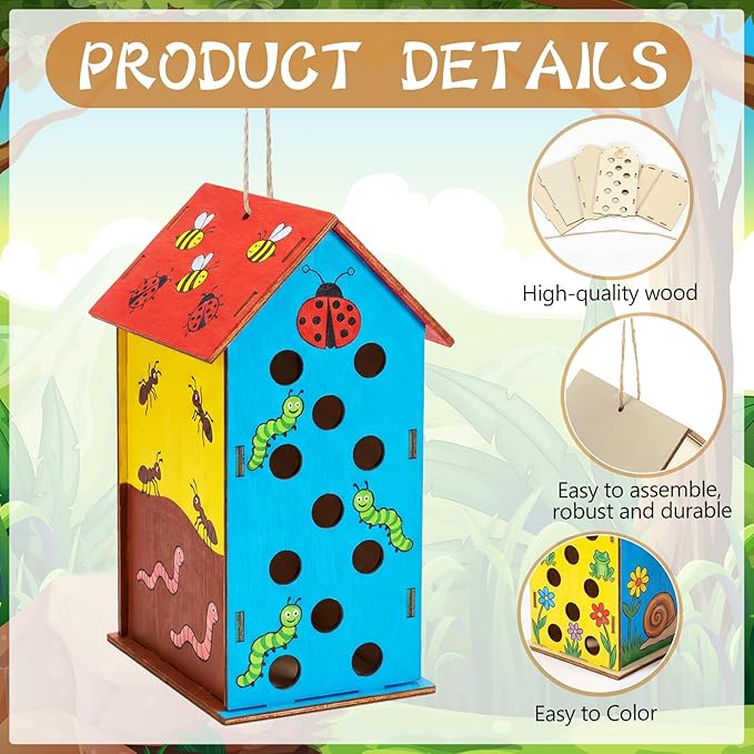 DoubleFill 12 Pack Wood Ladybirds House Painting Crafts Kits My First Ladybugs House DIY Art Craft Kit with Hemp Rope DIY Cedar Wooden Birdhouse for Building Bee Butterfly Habitat, No Paint