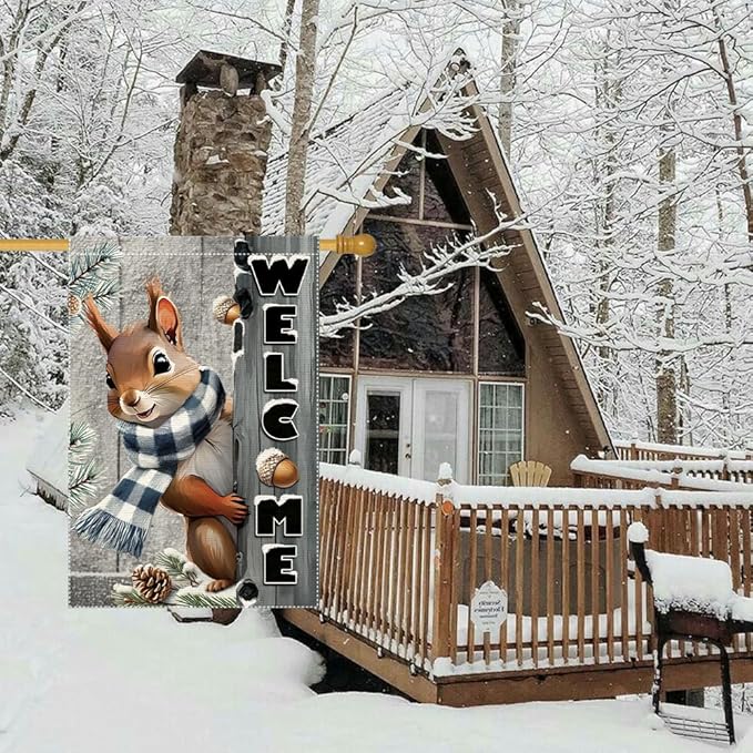 Winter Garden Flag 28x40inch The Nut Squirrel Welcome Large Garden Flags Yard Porch House Flag Double Side For Home Outdoor Yard Patio Lawn Decor, Garden Decorations (RMQ-160D, 28"X40")