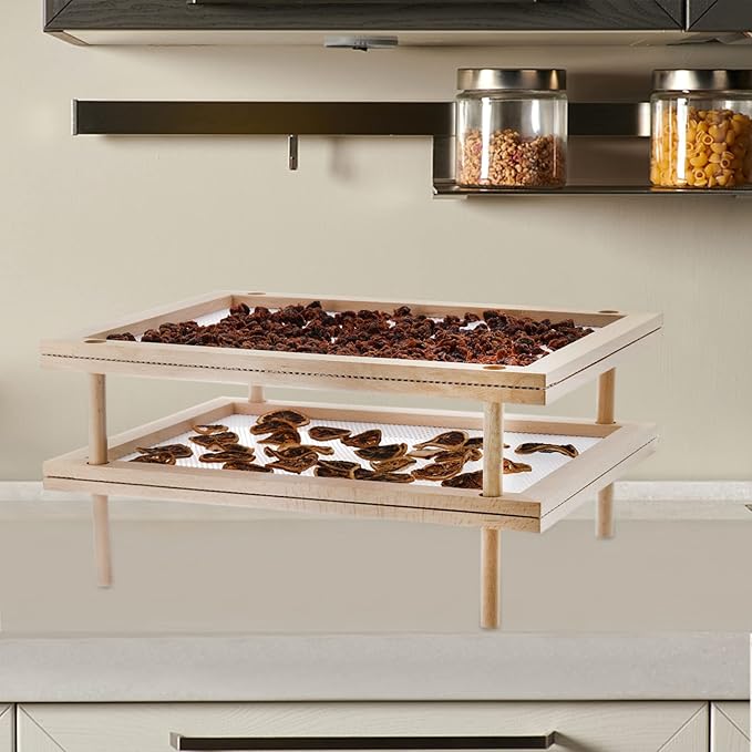 Cedilis Set of 2 Stackable Wood Pasta Herb Drying Rack, Food Dryer Stand with Net for Drying Seeds, Herb, Bud