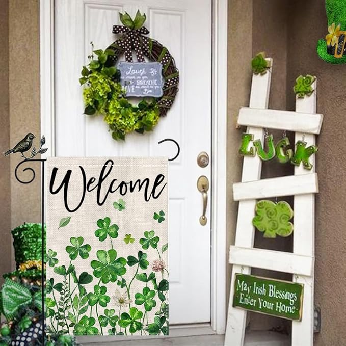 GEEORY St Patricks Day Shamrocks Garden Flag 12 x 18 Inch, Floral Clover Double Sided Decorative Flag For Outside Yard Lawn Outdoor Decoration