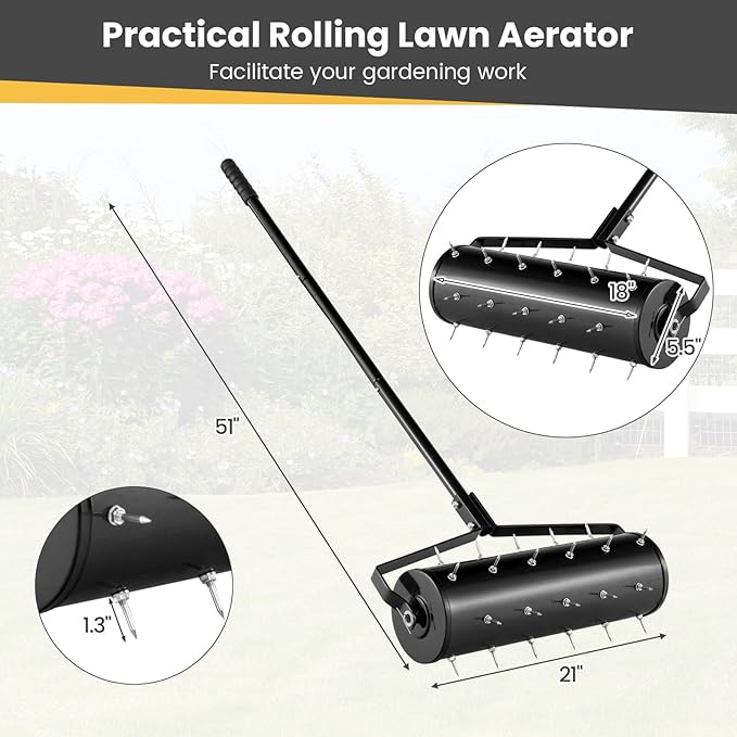 Goplus Rolling Lawn Aerator, 21-Inch Garden Yard Rotary Push Tine Filled Sand Stone, Heavy Duty Spike Soil Aeration w/Metal Handle, Fillable Drum 51" Manual Lawn Aeration Tool Garden Grass Patio Yard