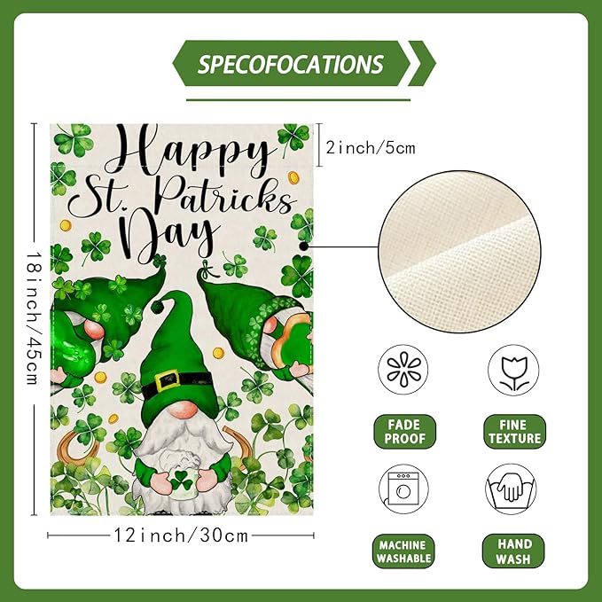 Gnomes Green Shamrocks Clovers St. Patrick's Day Garden Flag 12x18 Inch Double Sided Small Mini Yard Flag Outdoor Outside Holiday Party Decoration
