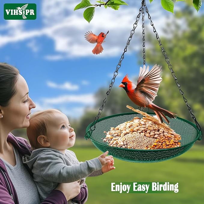 Platform Hanging Bird Feeder for Outdoors – Metal Mesh Seed Tray to Attract Wild Birds, Round 12 in, Green