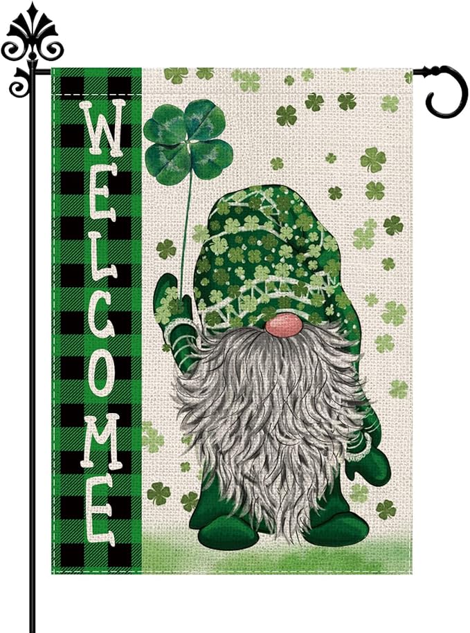 St Patricks Day Garden Flag Green Gnome Shamrocks Vertical Double Sided Burlap Flag Welcome St.Patrick's Day Holiday Yard Outdoor Decor 12.5 x 18 Inch